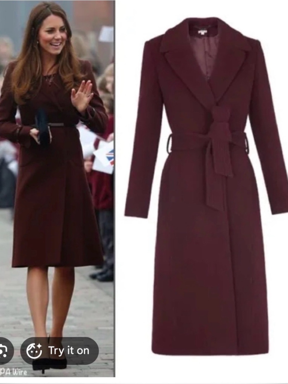 Reiss Women's Burgundy Wool Belted Coat sz 6